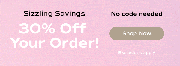 A fun, animated background with colliding citrus fruits. The promotional banner reads: Sizzling Savings. 30% Off Your Order! No code needed. Exclusions apply. Shop Now.