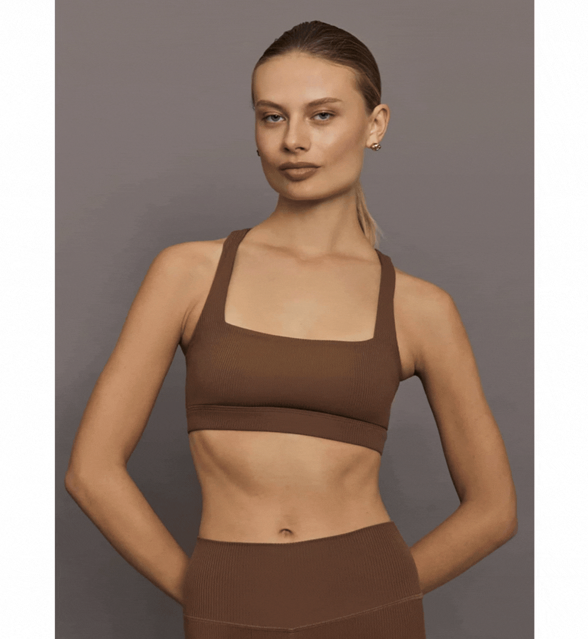 gif of CARBON38 ribbed melt racerback bra