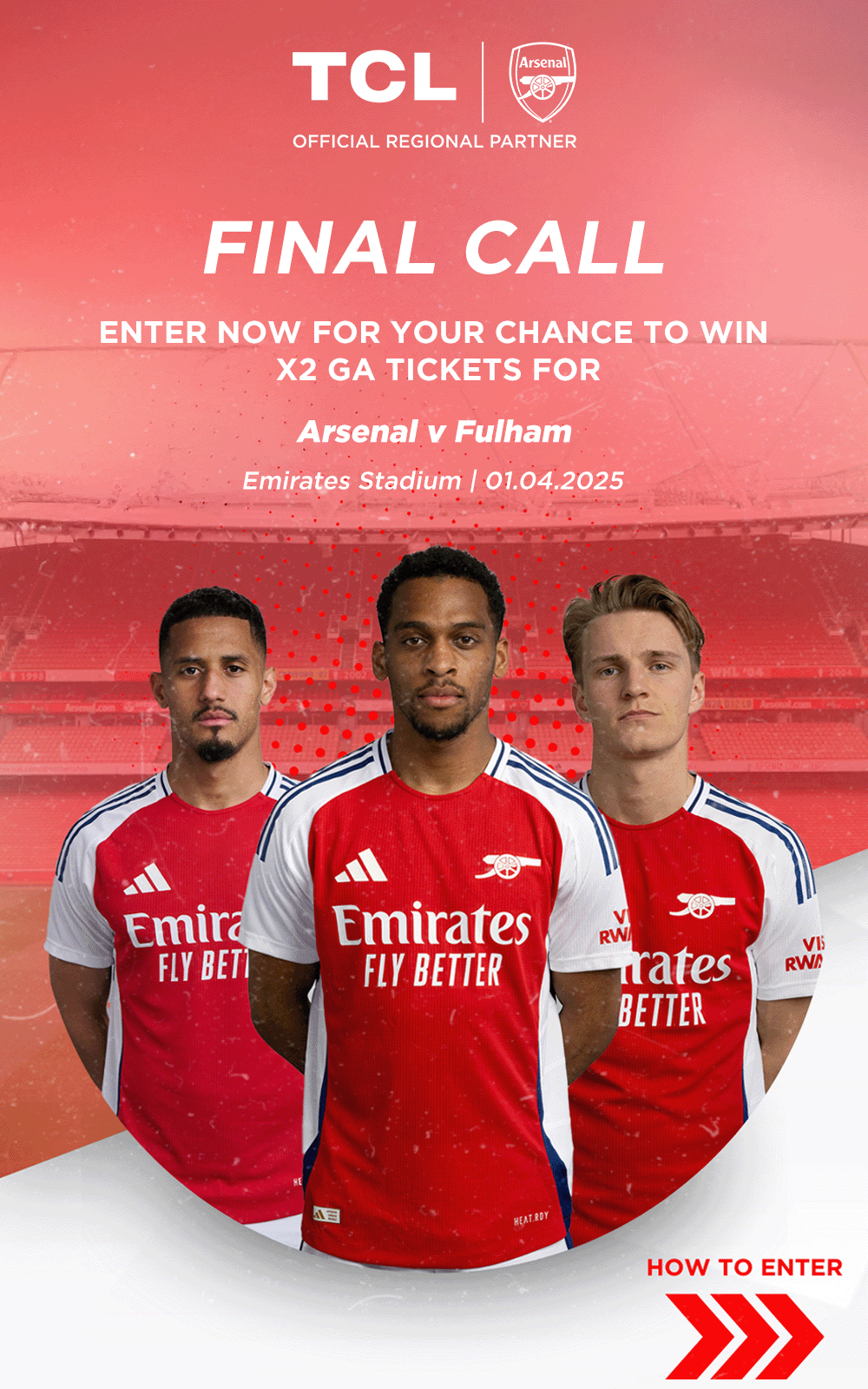 Image: https://d3k81ch9hvuctc.cloudfront.net/company/V2VD25/images/467ed75f-811c-4f9a-87e2-c278c6c5f8ed.png Final call - Enter now for your chance to win x2 general admission tickets for Arsenal vs Fulham on 1st April at Emirates Stadium
