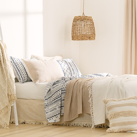 Bedding Bundle: Hygge Stripe Quilt + Solid Kantha Pick Stitch Quilt/Coverlet + Waffle Cotton Knit Blanket