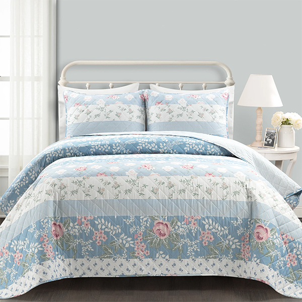 Cottagecore Flower Stripe Cotton Quilt 3 Piece Set