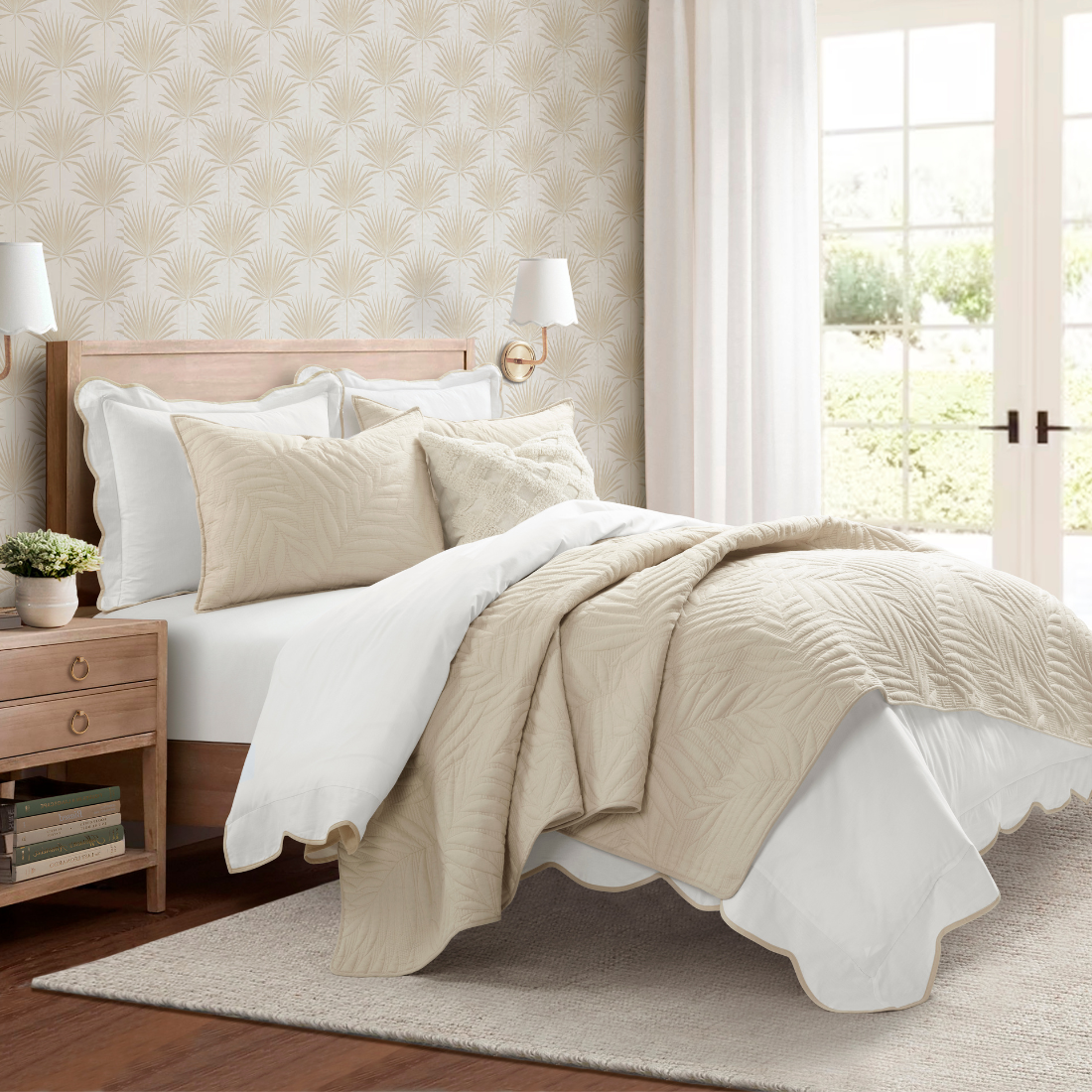 Bedding Bundle: Isla Embroidered Leaf Quilt + Coastal Chic Scalloped Edge Duvet Cover