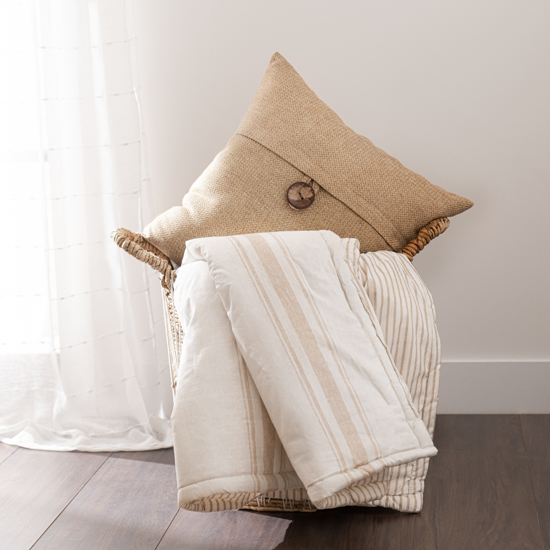 Farmhouse Stripe Throw + Linen Texture Woven Button Pillow Cover
