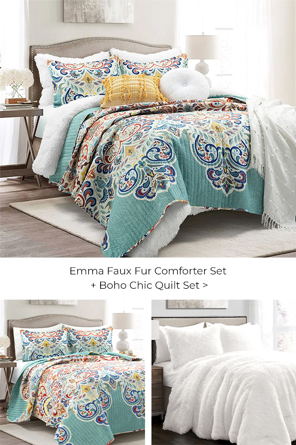Bedding Bundle: Emma Faux Fur Comforter Set + Boho Chic Quilt Set