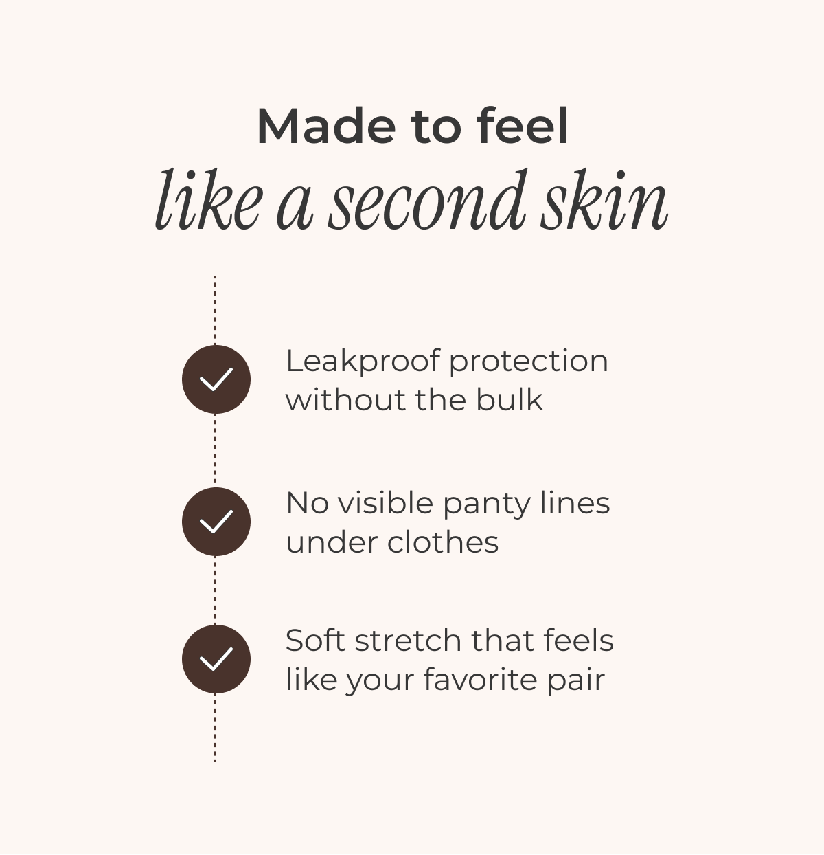 Made to feel like a second skin ✔️ Leakproof protection without the bulk ✔️ No visible panty lines under clothes ✔️ Soft stretch that feels like your favorite pair