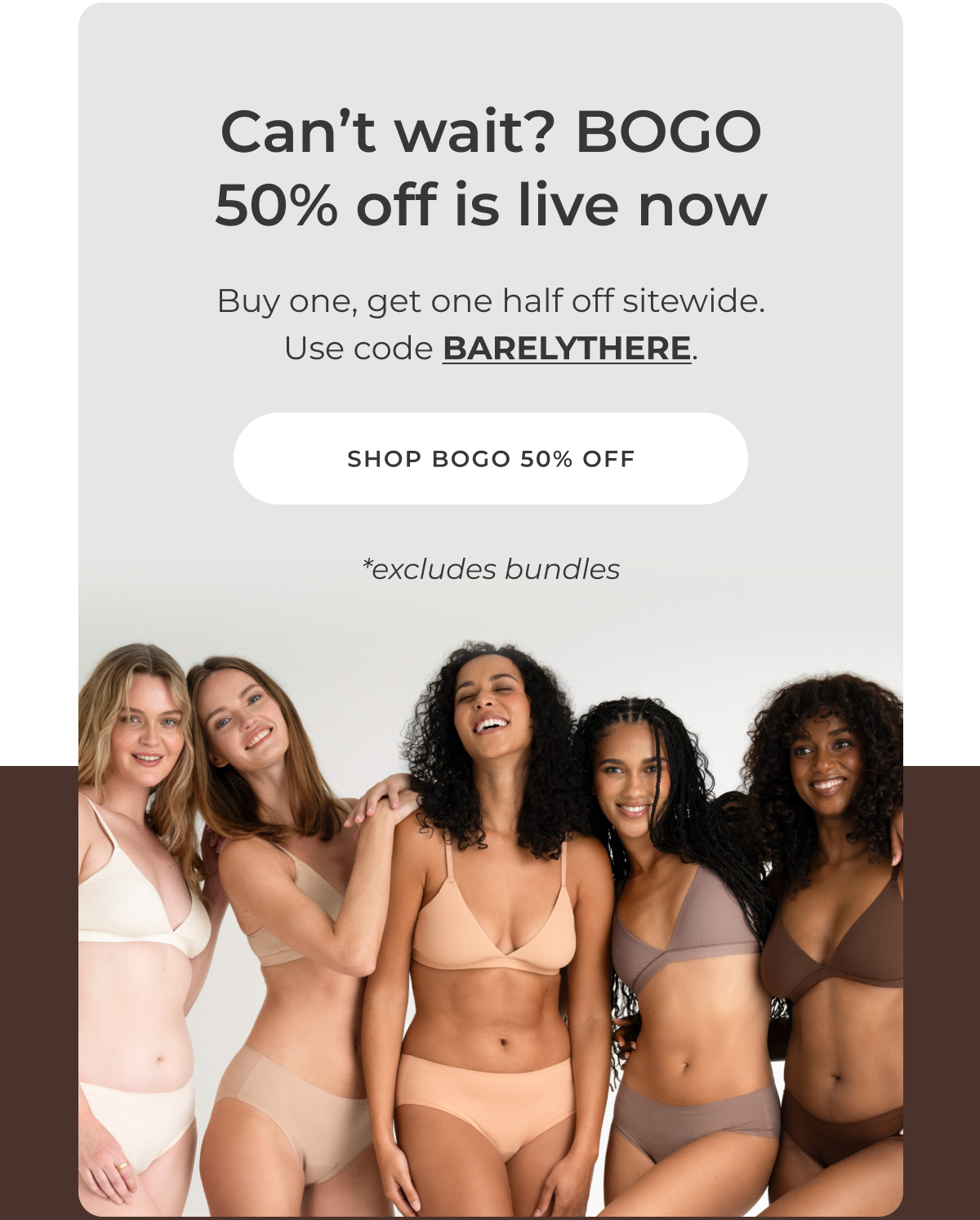 Can't wait? BOGO 50% off is live now. Buy one, get one half price* on Saalt Wear, cups, discs, and hanky panky+ Use code BARELYTHERE at checkout. [Shop BOGO 50% off] *(excludes bundles)