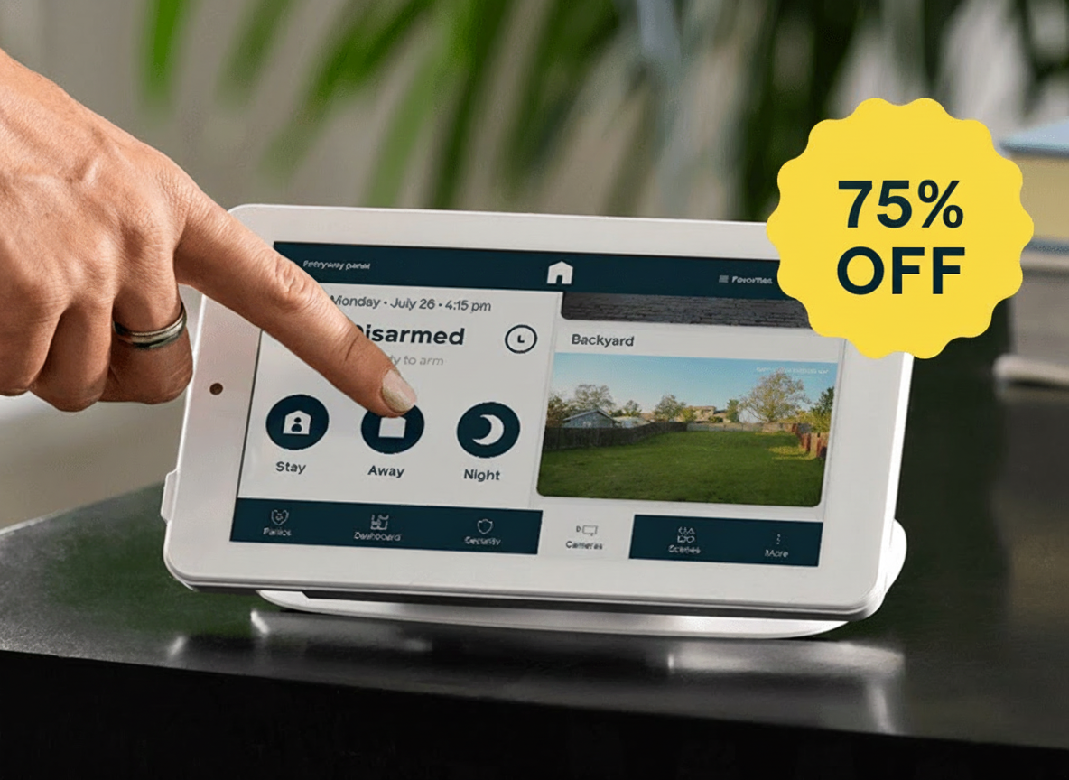 A hand touches a tablet screen showing a security system with a "75% OFF" banner.