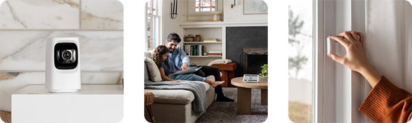 Images of a an indoor camera, a family enjoying cove, and a hand installing a window sensor