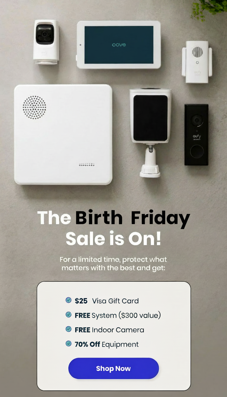 Birth Friday Sale on security systems: $25 gift card, free system, free camera, 70% off.