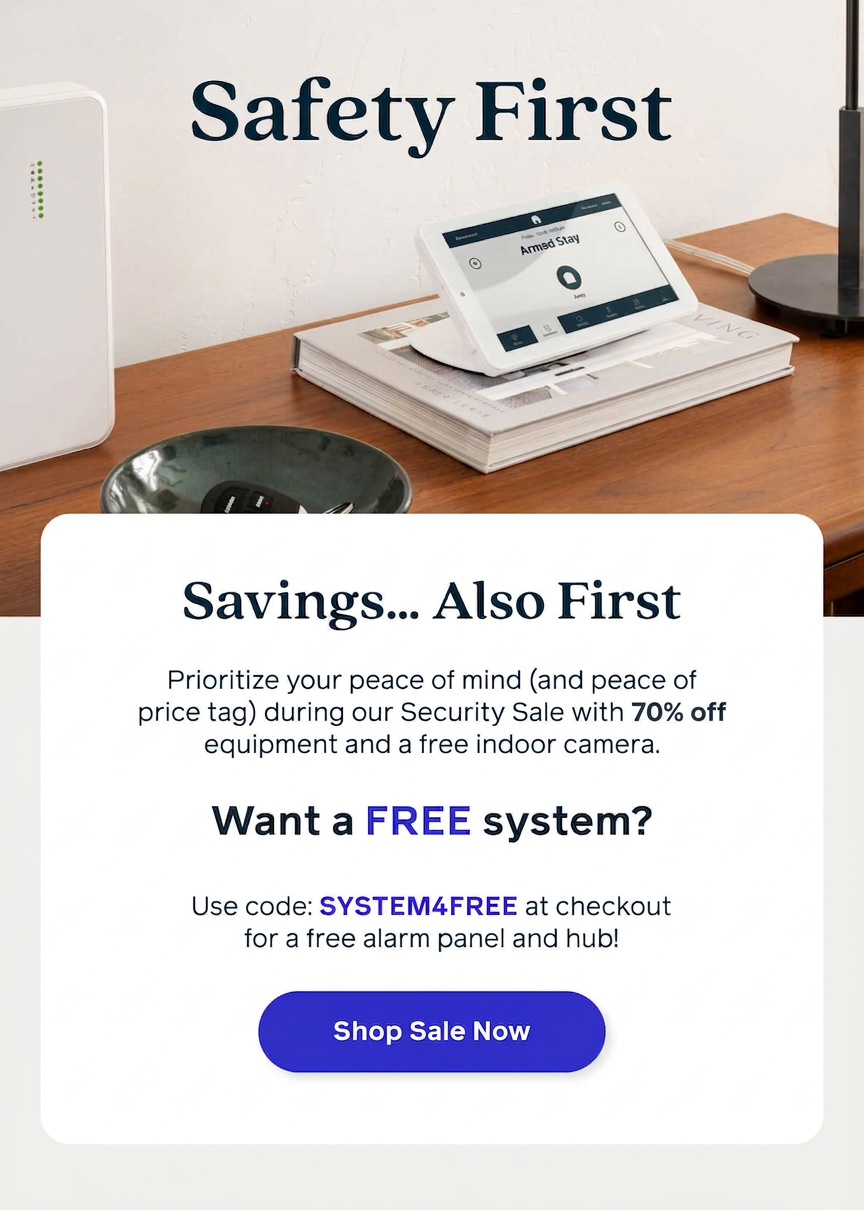 Security system sale with 70% off equipment and a free indoor camera.