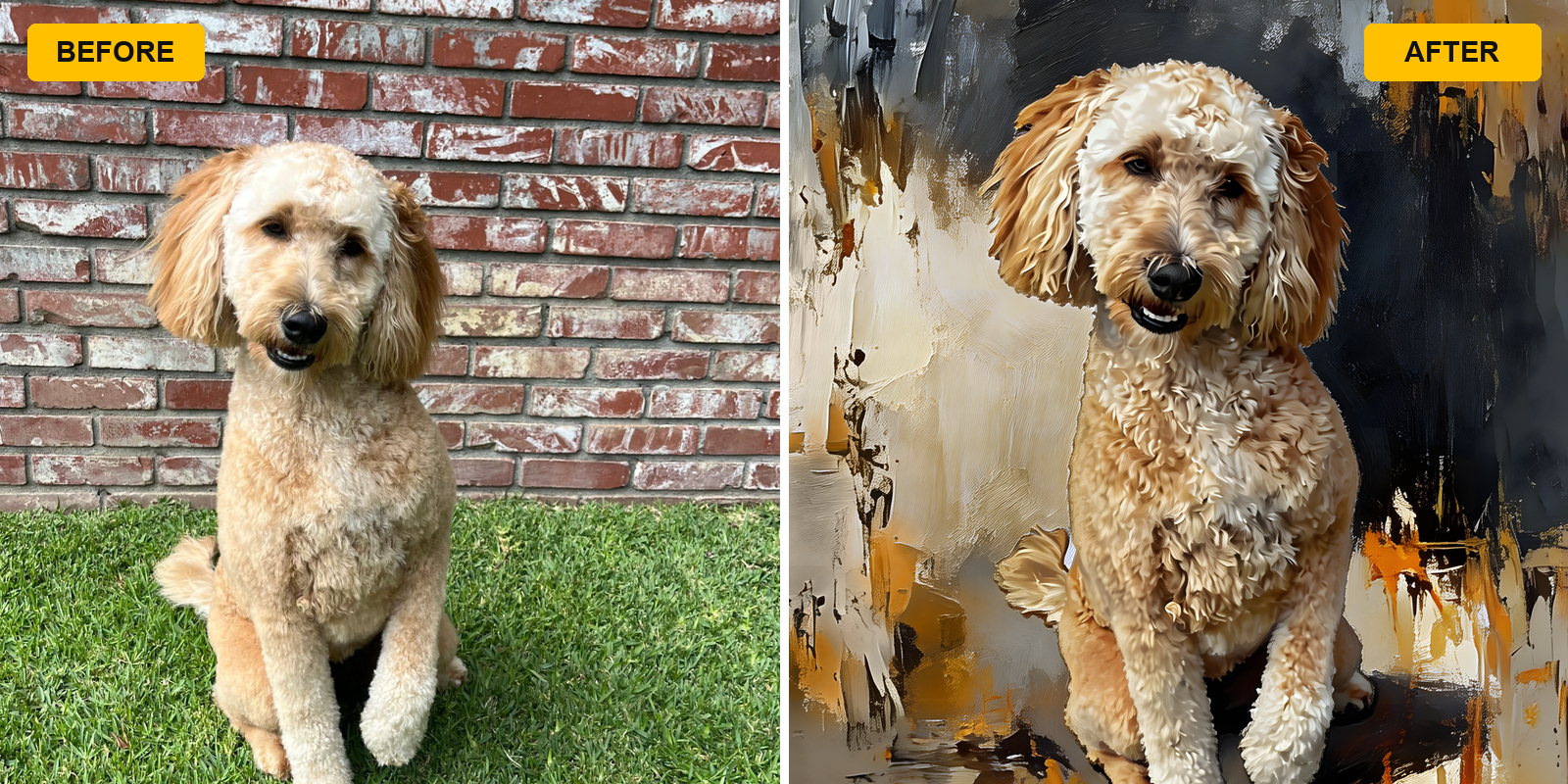 Supporting pet portrait artwork example Second custom pet portrait artwork example for display planning
