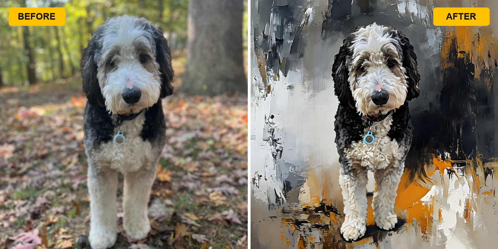 Pet-only portrait artwork transformation example Pet photo transformed into custom portrait artwork
