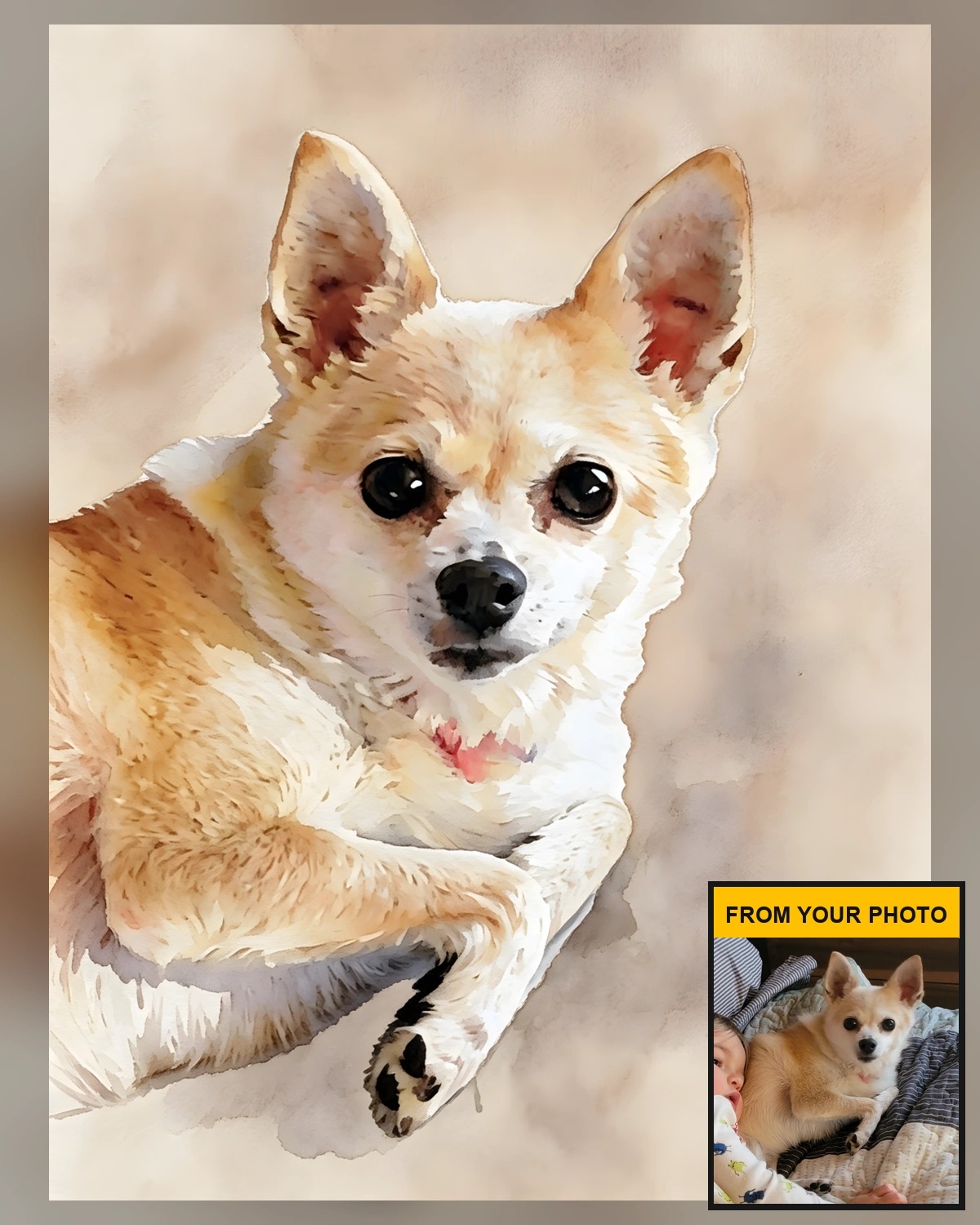 Pet portrait placement example Customer preview artwork example with a centered pet subject