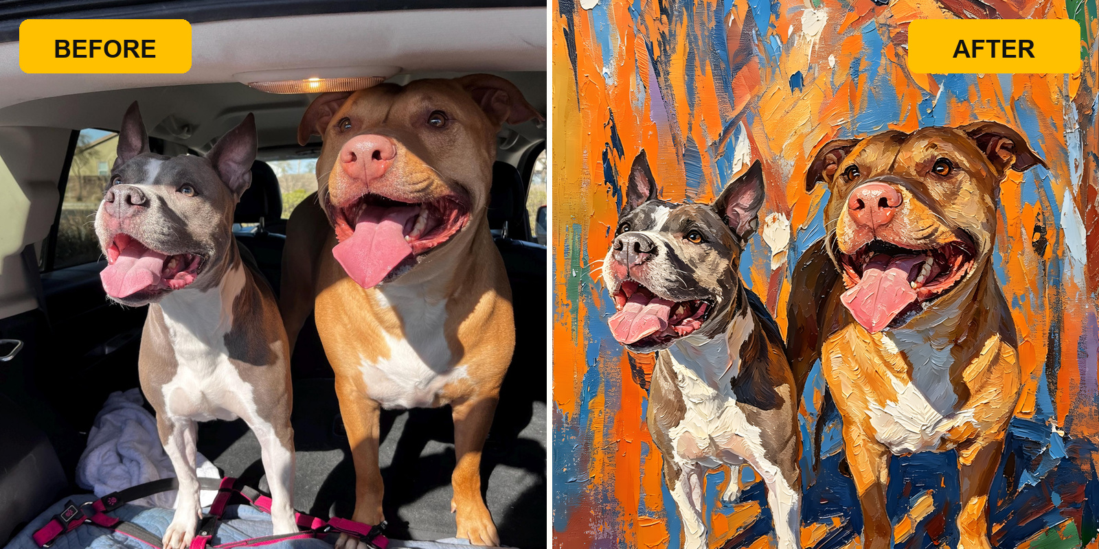 Pet photo to portrait artwork example Before-and-after pet artwork preview comparison