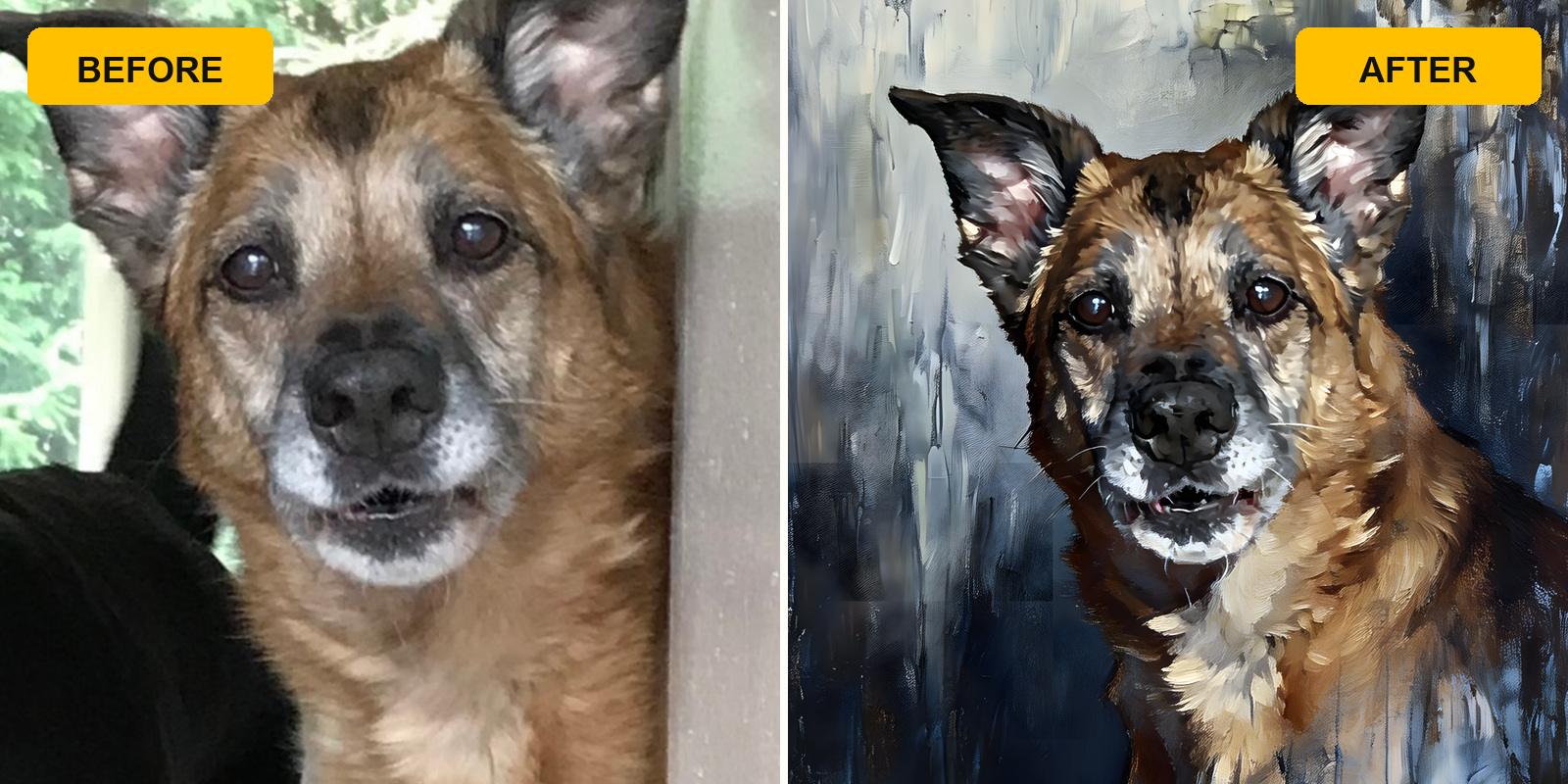 Pet portrait face-detail example Customer preview artwork with a recognizable pet face