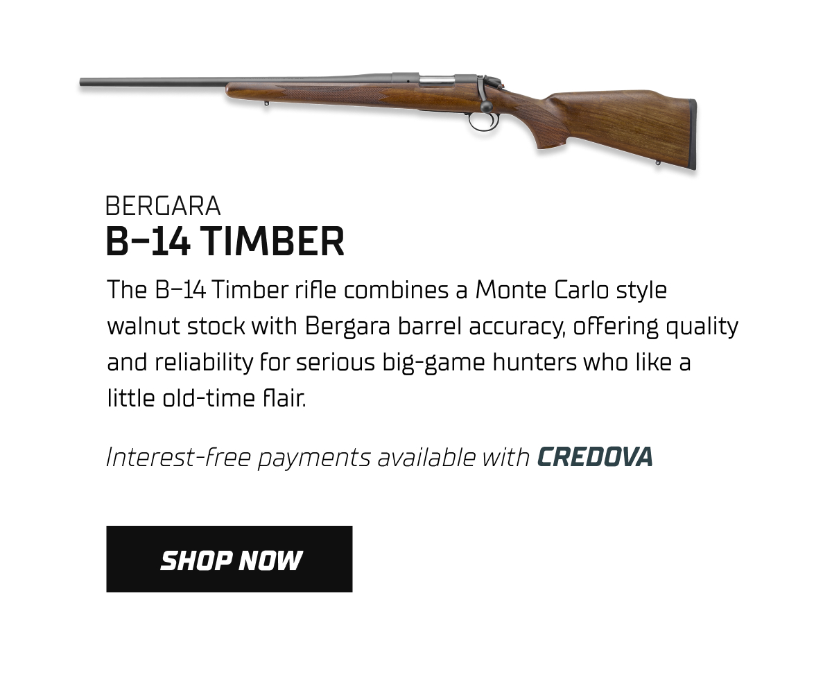 The B-14 Timber rifle combines a Monte Carlo style walnut stock with Bergara accuracy.
