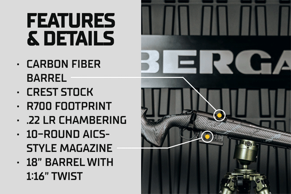 Features & Details: CARBON FIBER BARREL, CREST STOCK, R700 FOOTPRINT, .22 LR CHAMBERING, 10-ROUND AICS-STYLE MAGAZINE, 18&rdquo; BARREL WITH 1:16&rdquo; TWIST.