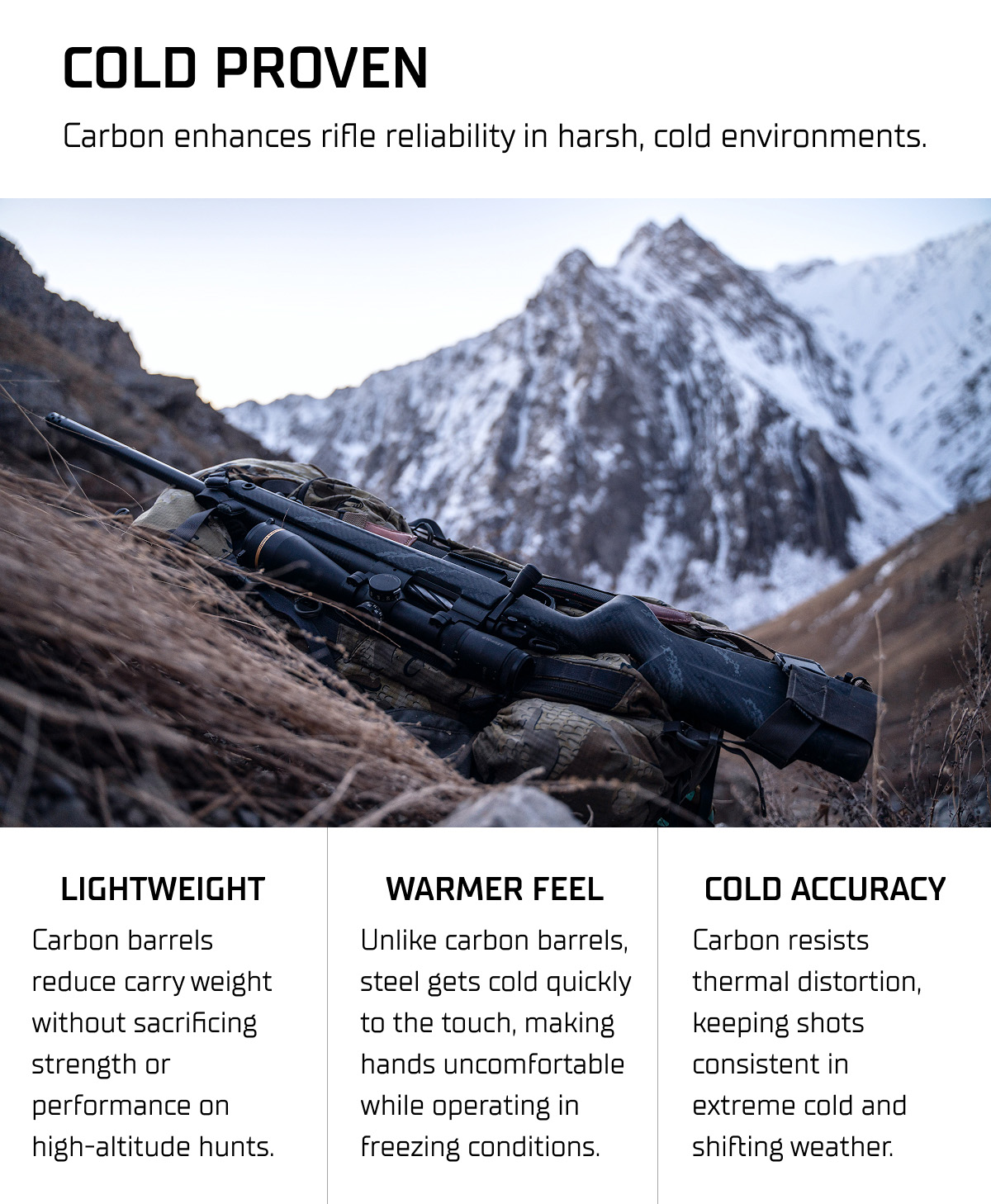 Carbon enhances rifle reliability in harsh, cold environments.