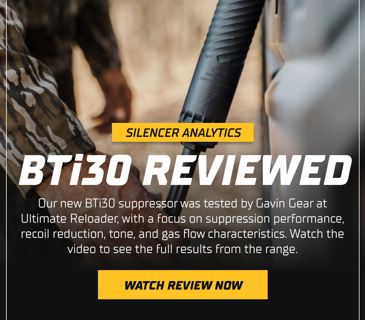 Our new BTi30 suppressor was tested by Gavin Gear at Ultimate Reloader, with a focus on suppression performance, recoil reduction, tone, and gas flow characteristics. Watch the video to see the full results from the range.