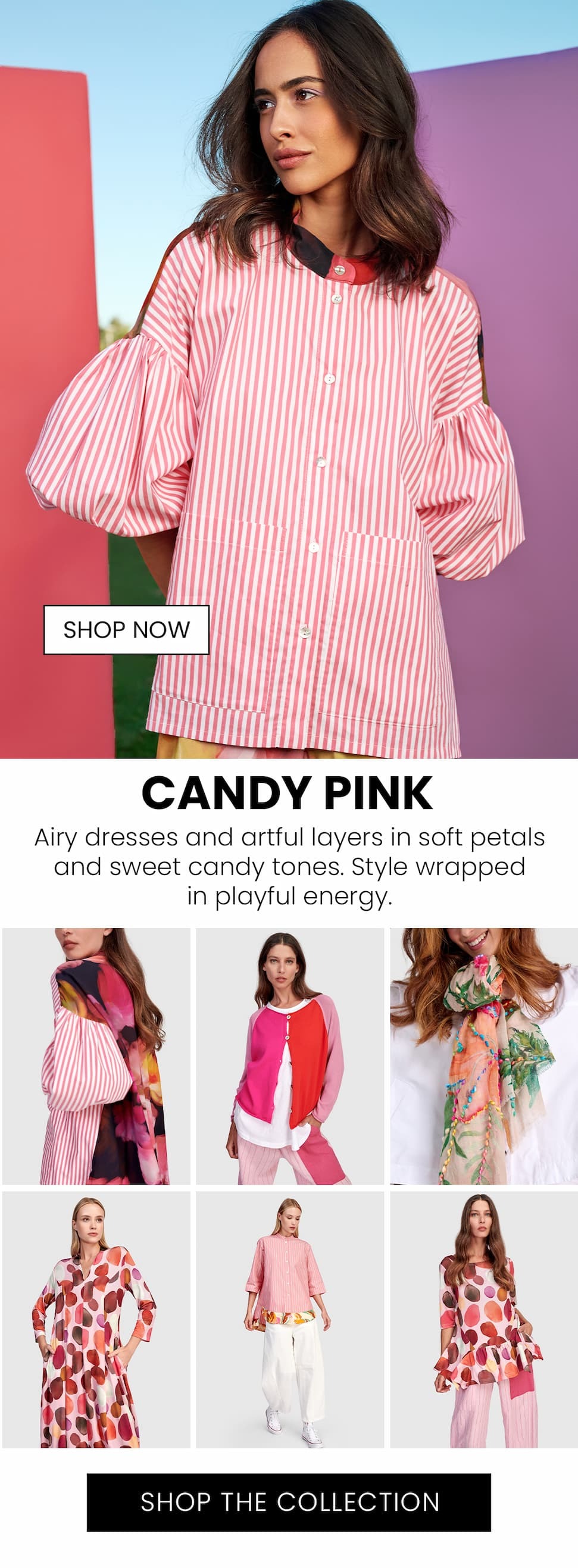 an image of a woman in a pink dress and a pink and white striped shirt