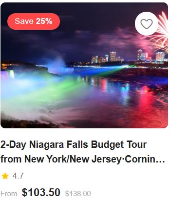 2-Day Niagara Falls Budget Tour from New York/New Jersey·Corning Glass Museum+Watkins Glen State Park 4.7 (445 reviews) Tour Code: 720198