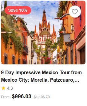 9-Day Impressive Mexico Tour from Mexico City: Morelia, Patzcuaro, Guadalajara, Tequila, Queretaro | Ticket Admission Included | Hotel Breakfast Included 4.3 (47 reviews) Tour Code: 692121