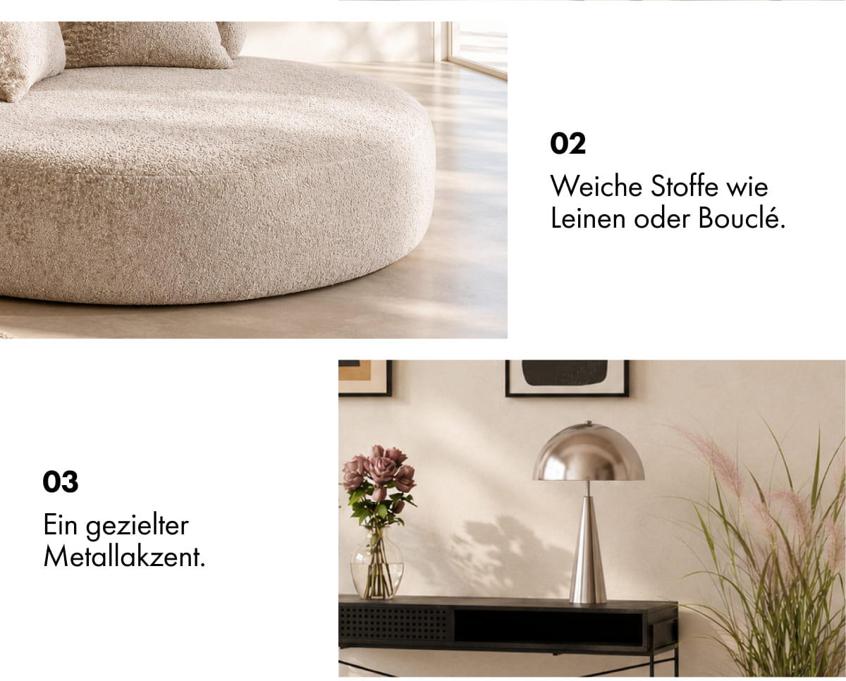 Tip 02: Soft fabric beside it, like linen or boucle, shown with a cream boucle sofa. Tip 03: One metal detail, not five, shown with a chrome table lamp on a black console