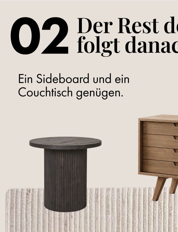 02 Carry it through the room. A sideboard and a coffee table are enough. Dark wood fluted side table