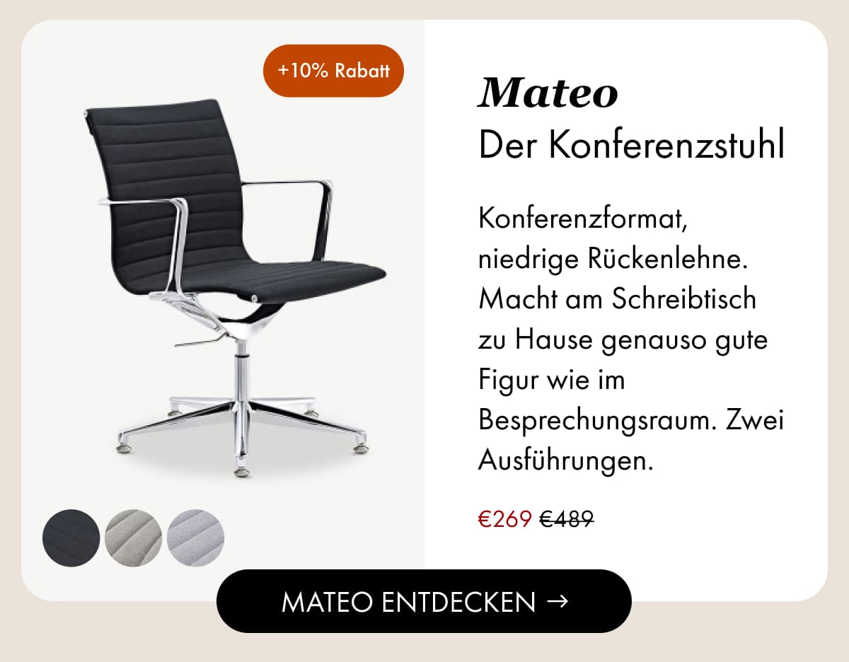 Mateo meeting chair in black, three finish swatches, €269 (was €489), +10% off.