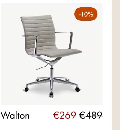  Walton chair in grey fabric, €269 (was €489), -10% badge.