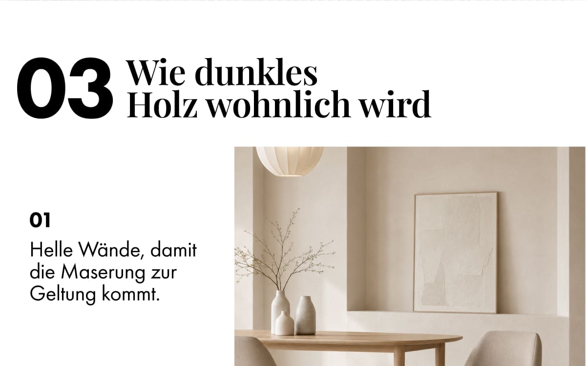03 How to live with dark wood. Tip 01: Pale walls, so the grain shows. Dining area with cream walls, a paper pendant lamp and ceramic vases