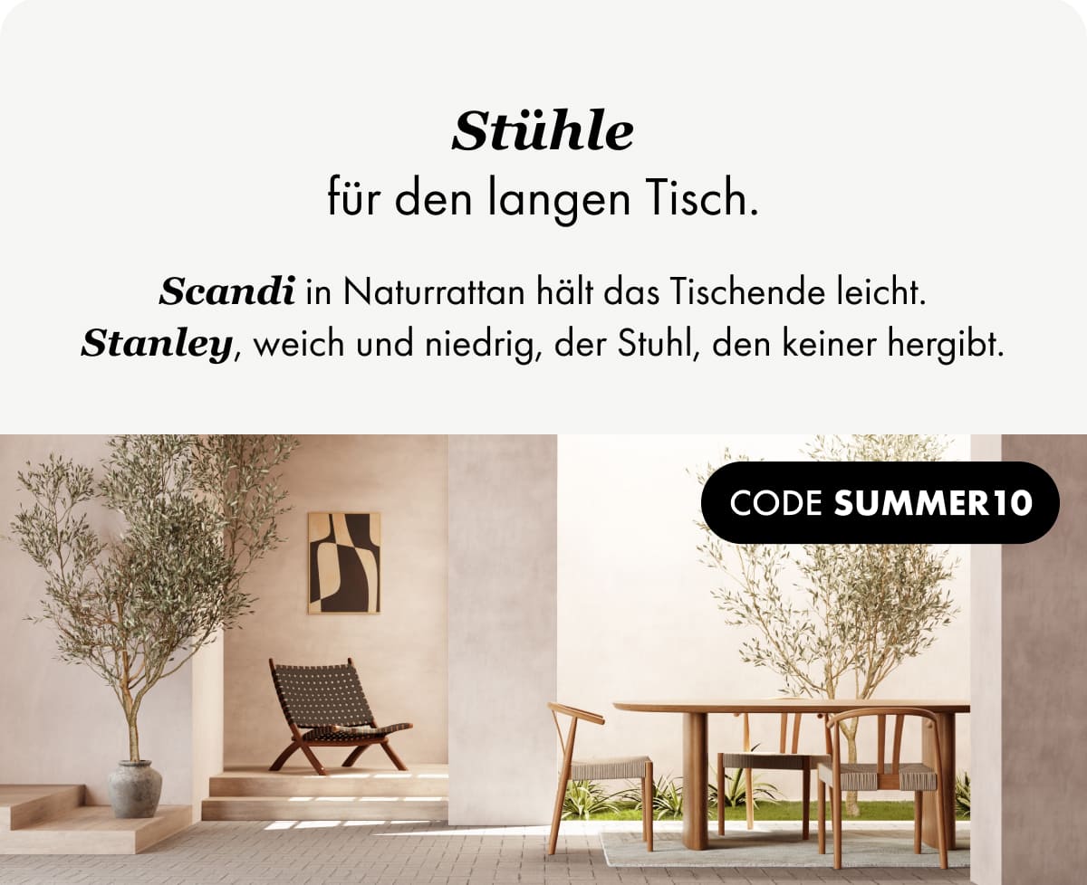 Banner: Scandi and Stanley chairs on patio dining scene, code SUMMER10.