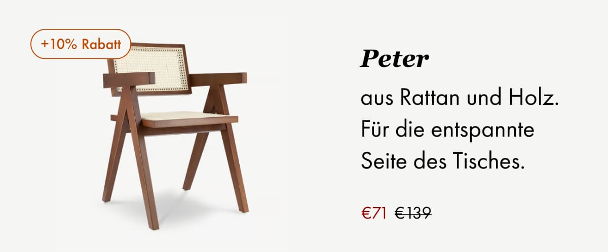 Peter rattan and wood armchair, €71 (was €139), +10% off.
