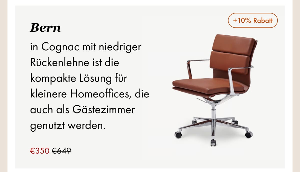 Bern chair, cognac lowback leather, for small home office, €350 (was €649), +10% off.