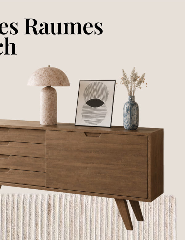 02 Carry it through the room. A sideboard and a coffee table are enough. Dark wood fluted side table