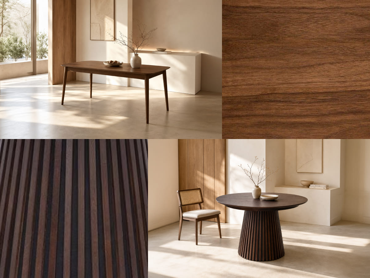 Collage of dark wood furniture: a walnut dining table in a sunlit room, a close-up of walnut grain, dark fluted wood slats, and a round dark wood pedestal table with a cane chair