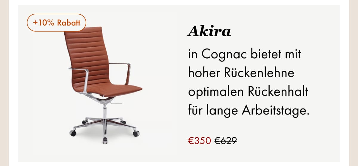 Akira chair, cognac highback leather, all-day support, €350 (was €629), +10% off.