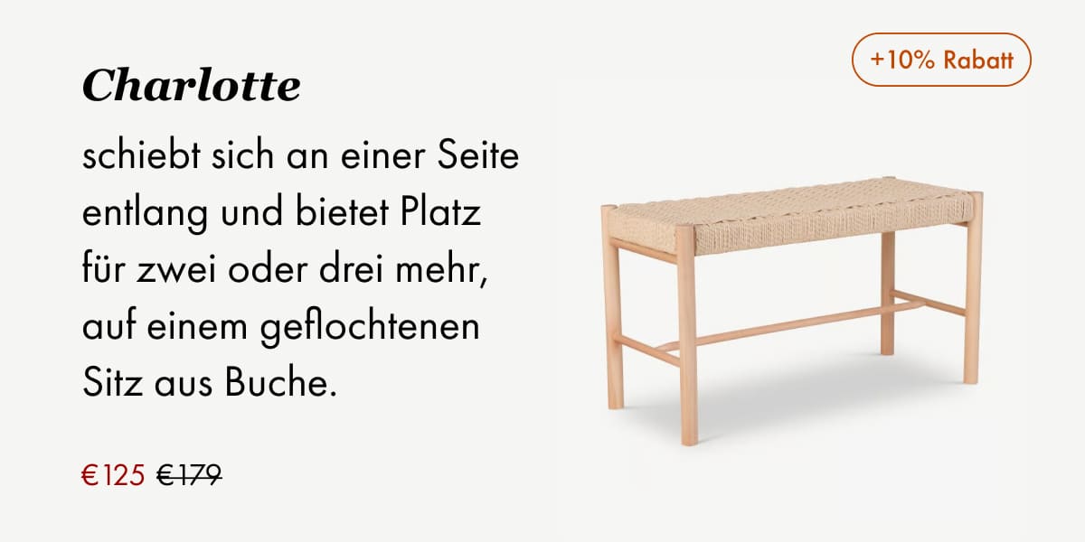 Charlotte extendable bench, woven beech seat, €125 (was €179), +10% off.