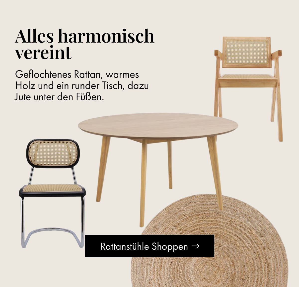 Bring it all together: rattan chairs, a round oak table and a jute rug. Shop Rattan Chairs