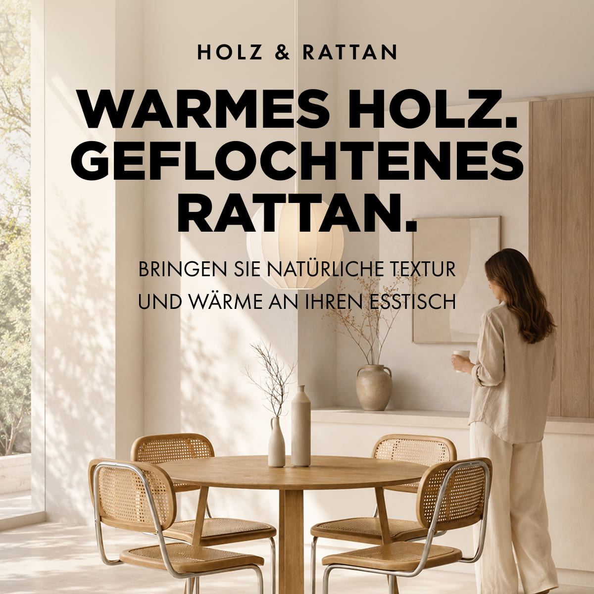 Warm wood. Woven rattan. Bring natural texture and warmth to your dining table. Rattan chairs at a round oak table
