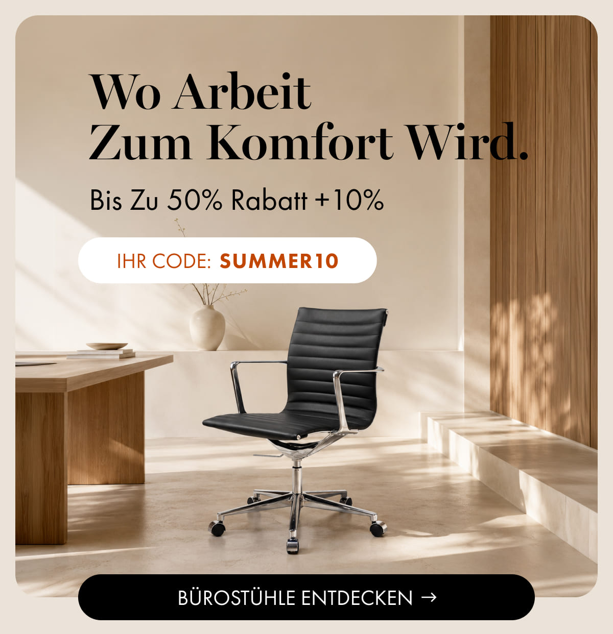 Black leather office chair in sunlit office; "Where You Actually Work," 50% off +10%, code SUMMER10.