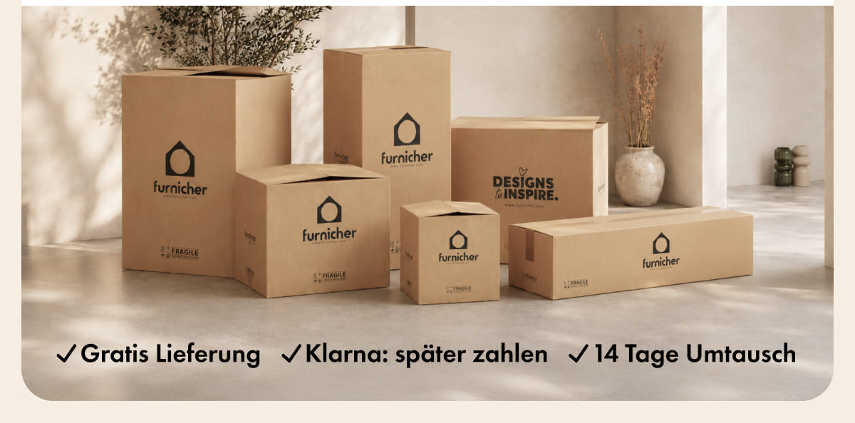 Free Delivery, Klarna Pay Later, 14-Day Returns. Furnicher branded moving boxes in a sunlit room.