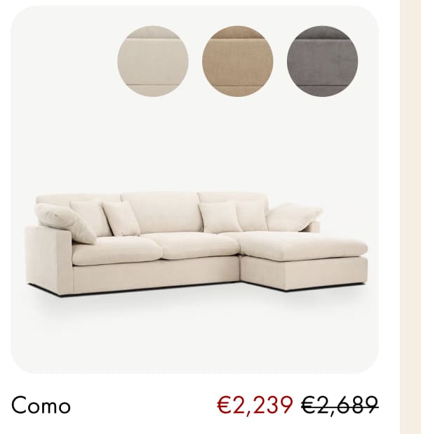 Como corner sofa in cream, now €2,239, was €2,689
