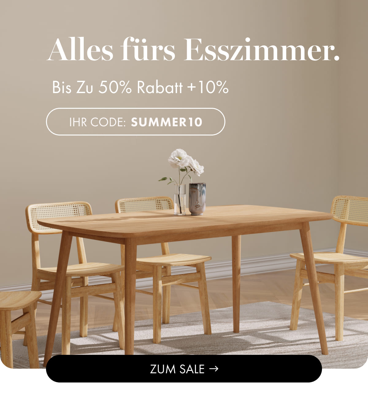Wooden dining table set with cane chairs; "Dining, in full," 50% off +10%, code SUMMER10