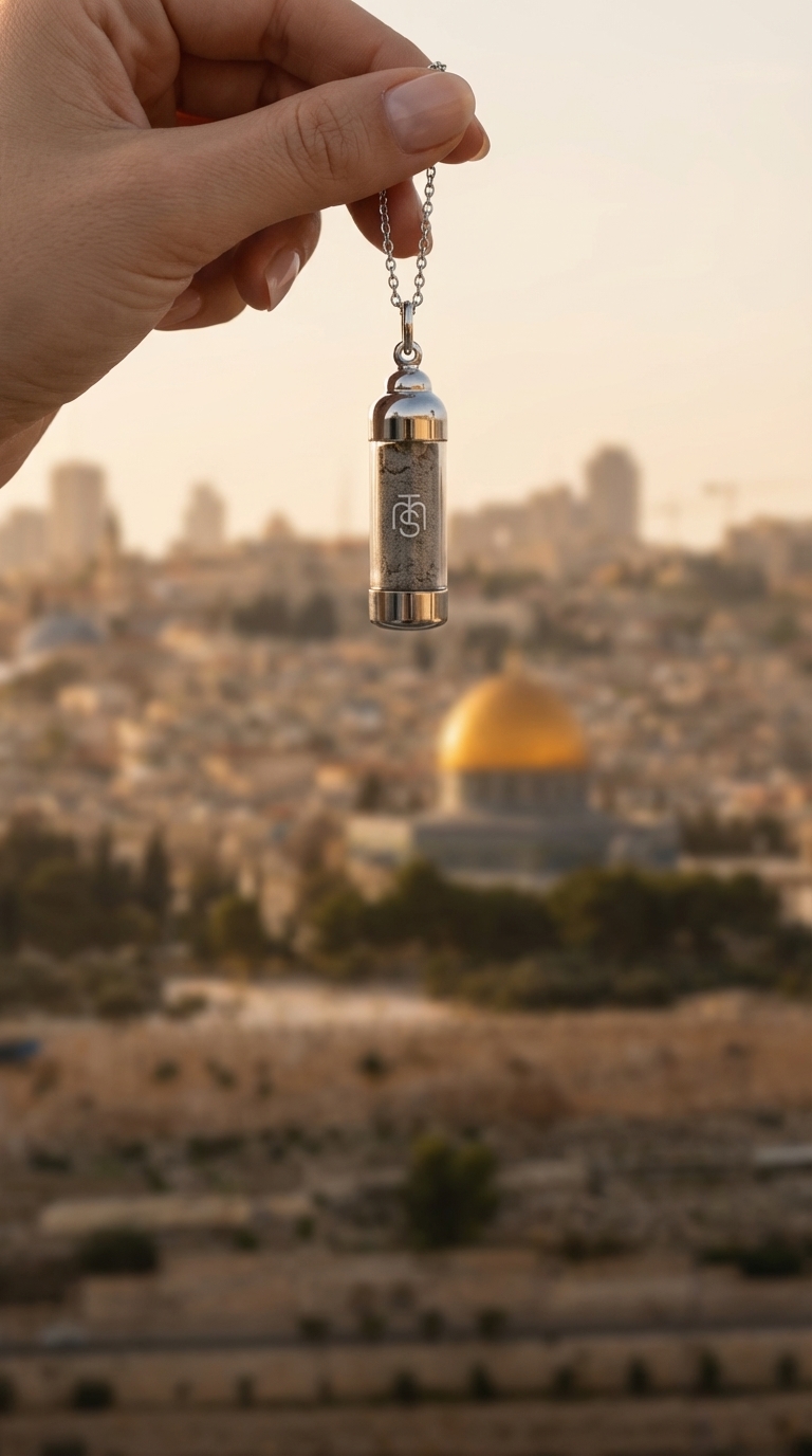 Sealed vial pendant held above Jerusalem