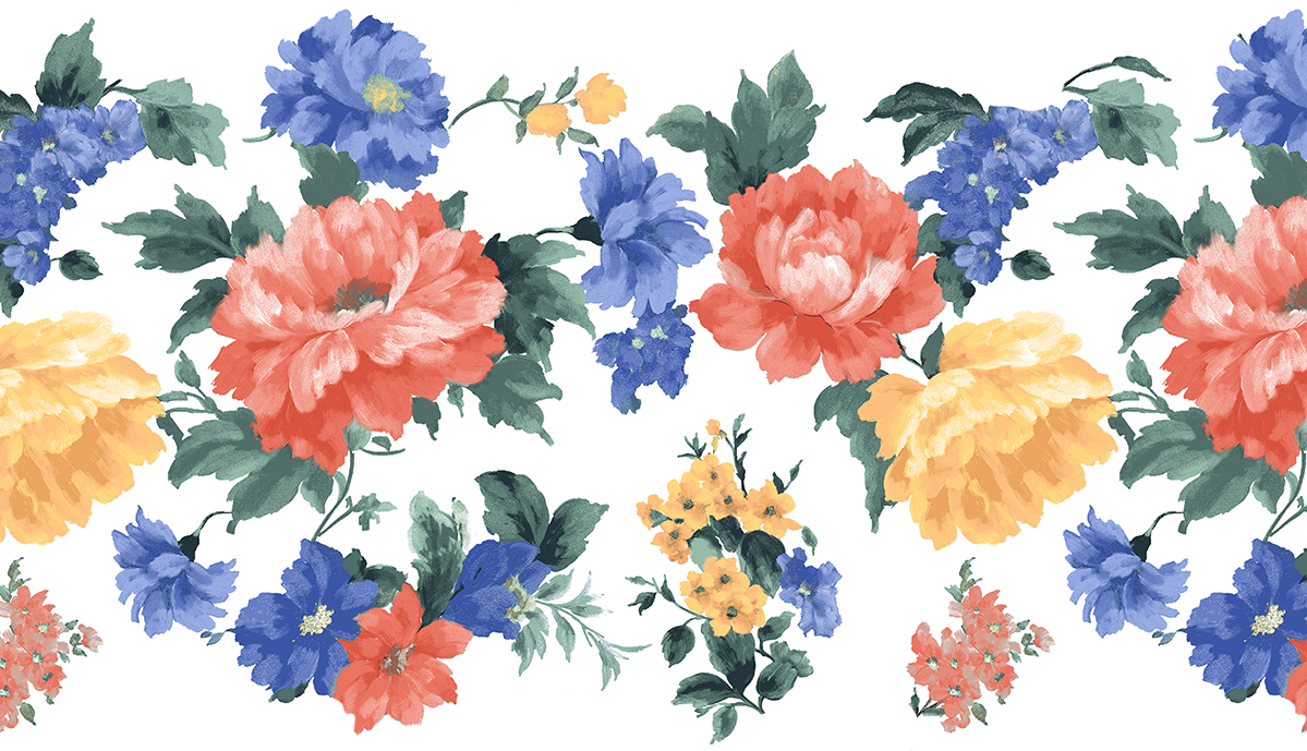 Watercolor floral pattern with blue, coral, and yellow flowers