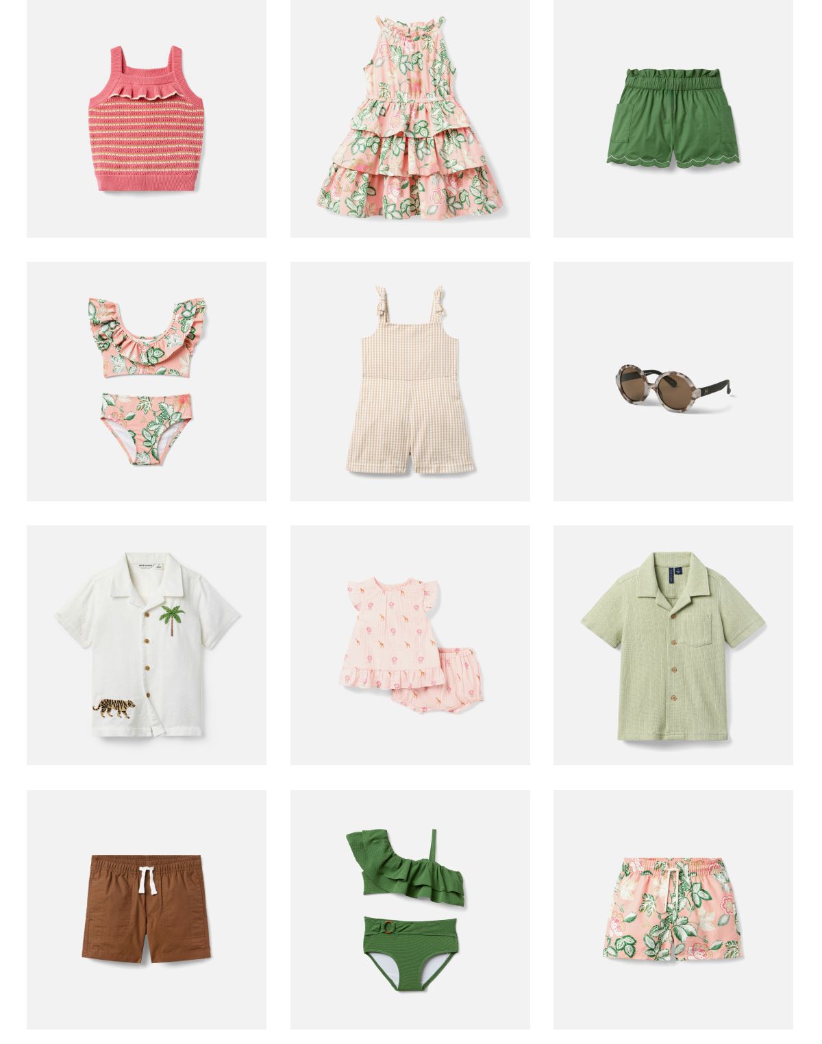Children's summer clothing collection including tank tops, dresses, shorts, swimwear, button-up shirts, and sunglasses in various colors and patterns