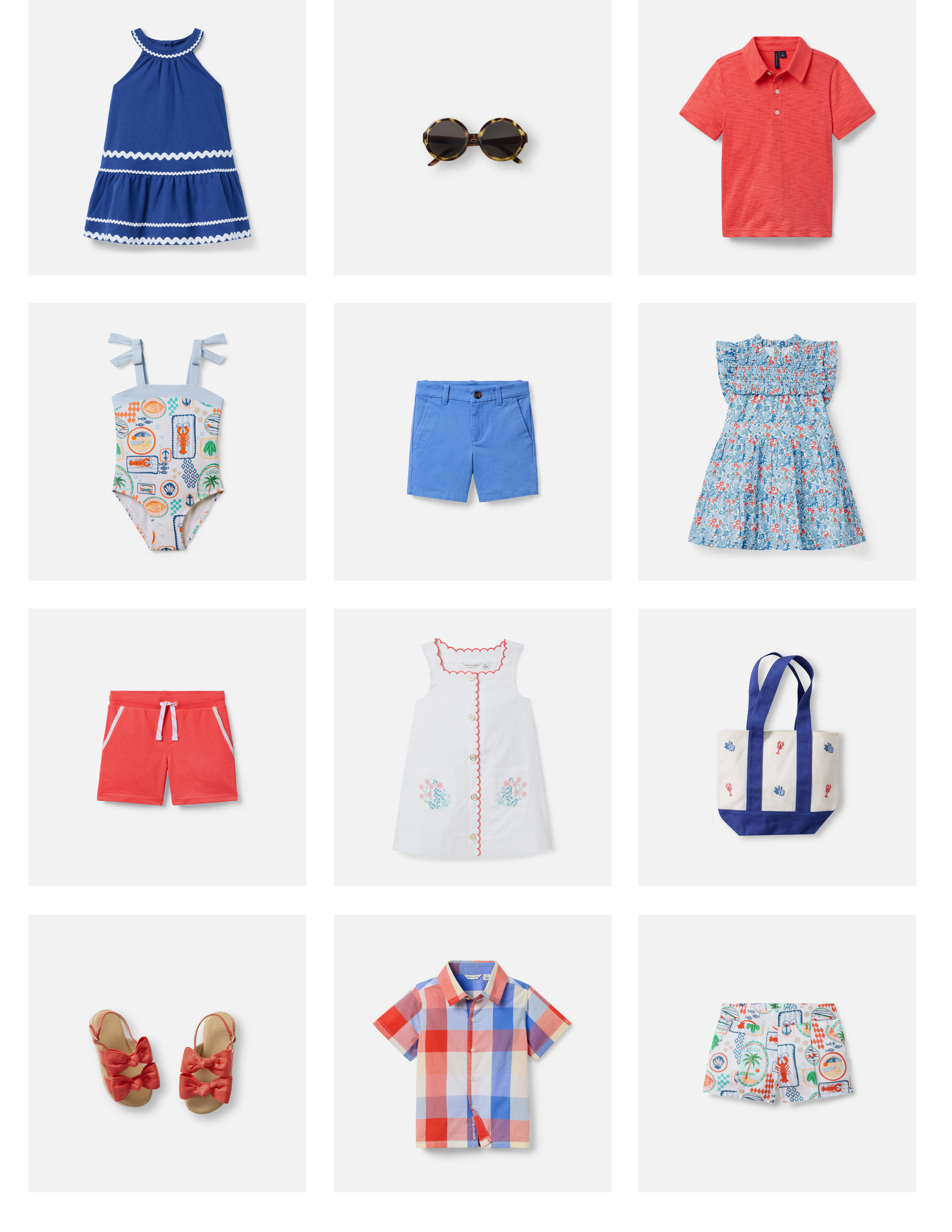 Children's summer clothing and accessories collection including dresses, swimsuit, shorts, polo shirt, sandals, sunglasses, plaid shirt, tote bag, and printed items in red, blue, and white colors