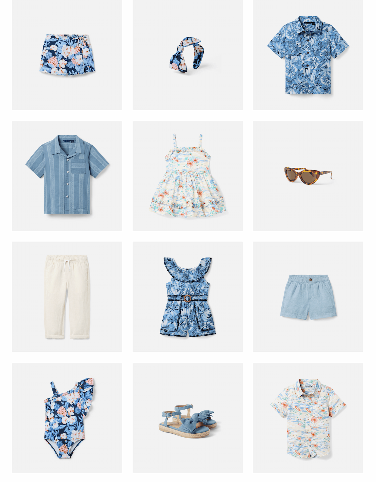 Grid of children's summer clothing items including floral shorts, headband, tropical print shirts, striped button-up, floral dress, sunglasses, cream pants, blue romper, light blue shorts, floral swimsuit, sandals, and patterned shirt