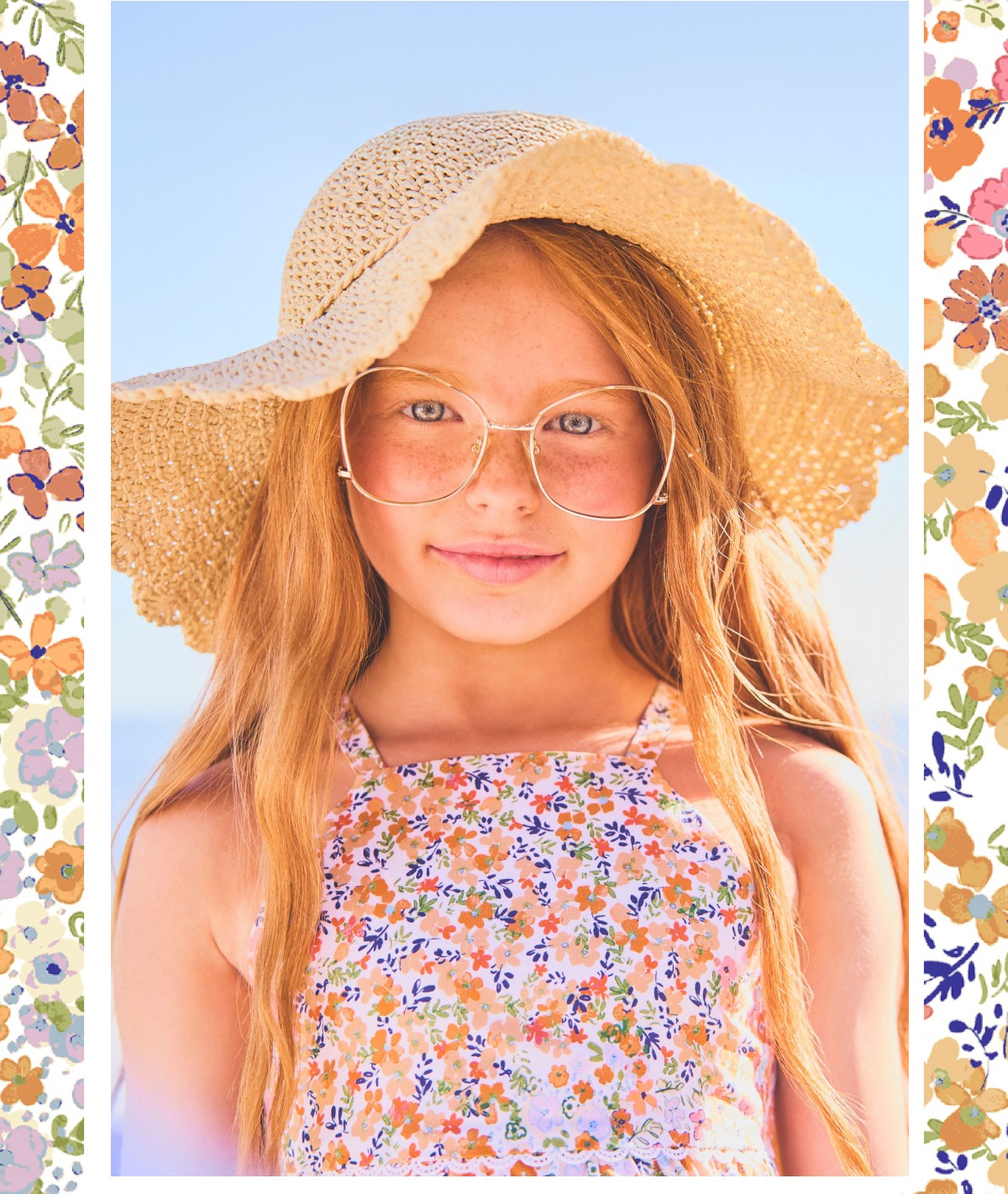 Young girl wearing straw hat, glasses, and floral dress with decorative floral border